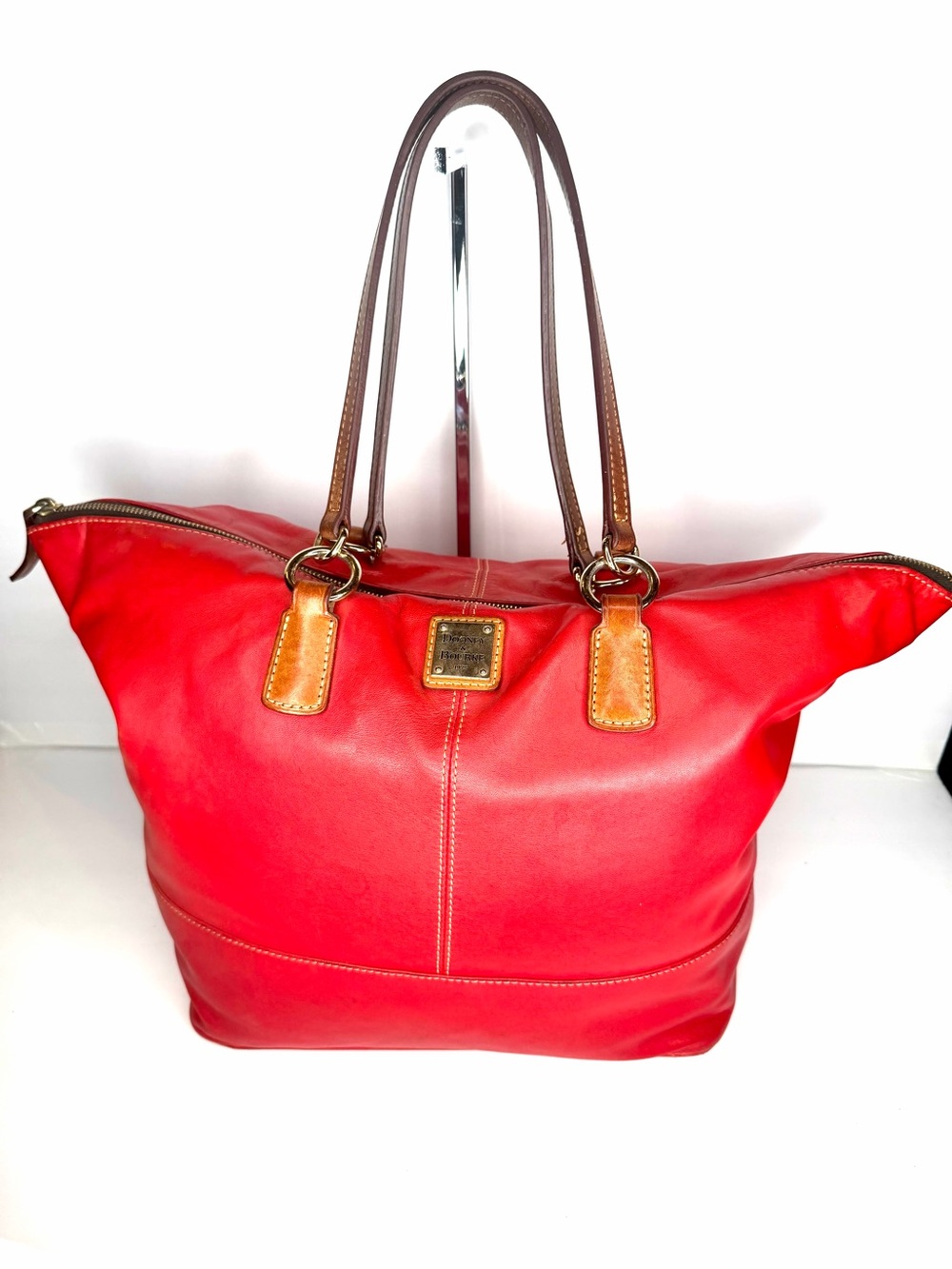 Dooney & Bourke Red Leather Tote with Brown Trim and Handles